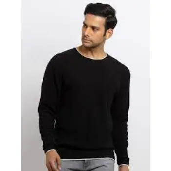 Black Solid Round Neck Sweater for Men